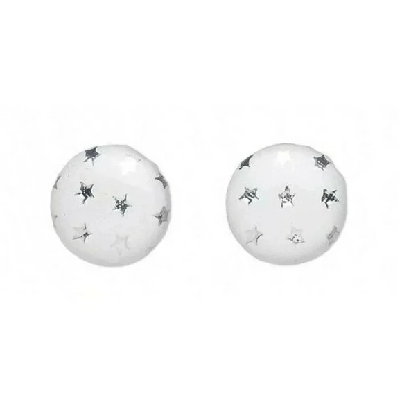 Vegan Faux Leather Round 15mm Button Post Earrings White w Silver Metallic Stars - Picture 1 of 1